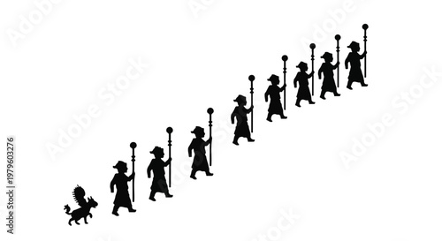 Pilgrims walk in a diagonal line holding tall staffs toward a small winged creature.