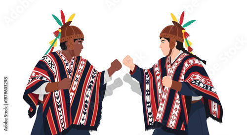 Two indigenous people in traditional ponchos giving fist bump together isolated on white background