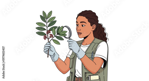 Botanist woman examining coffee plant leaves with magnifying glass isolated on white background