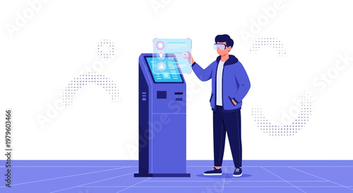 Immersive interface engagement man interacting with futuristic terminal using virtual reality