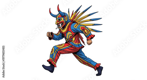 Dancer in colorful traditional devil mask performing ritual dance isolated on white background