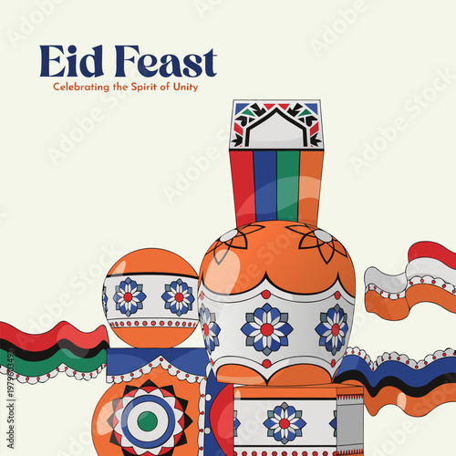 Eid feast celebration with colorful decorative objects and ribbons