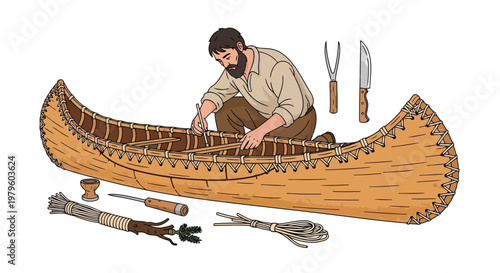 Man building a traditional birch bark canoe with hand tools drawing isolated on white background