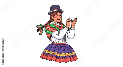 Woman in traditional Andean dress clapping hands with joyful smile isolated on white background
