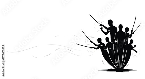 Fencers stand together in a dynamic silhouette formation during a competition.