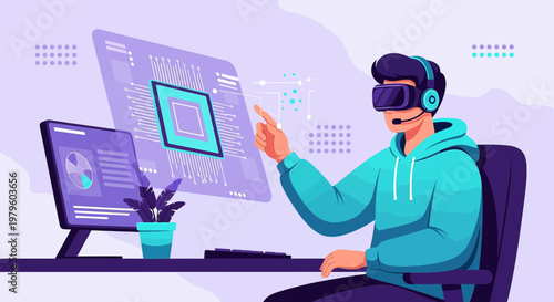 Immersive virtual experience concept: Programmer interacting with digital data in a vr environment