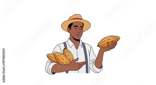 Cocoa farmer holding fresh ripe cacao pods in his hands illustration isolated on white background