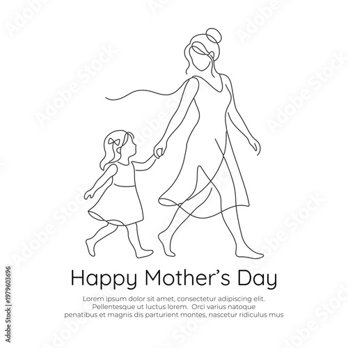 Mother and daughter walking together holding hands continuous line art drawing for Mother's Day, minimalist vector illustration.