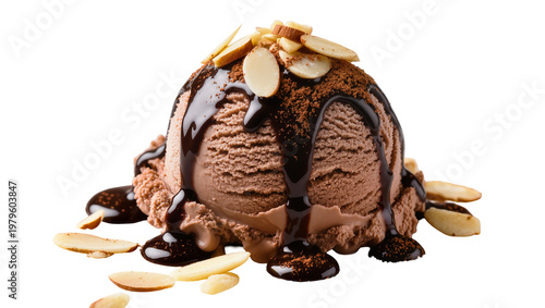 Cuadro en lienzo Chocolate ice cream scoop with chocolate sauce and almond slivers