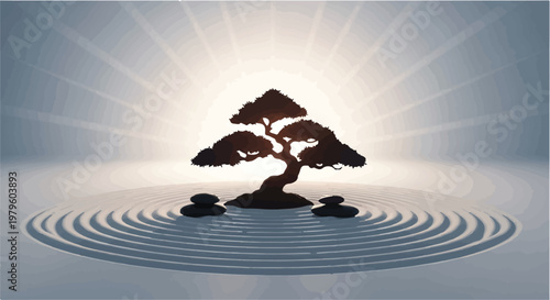 Bonsai tree sits peacefully in a zen garden with stones and raked sand patterns.