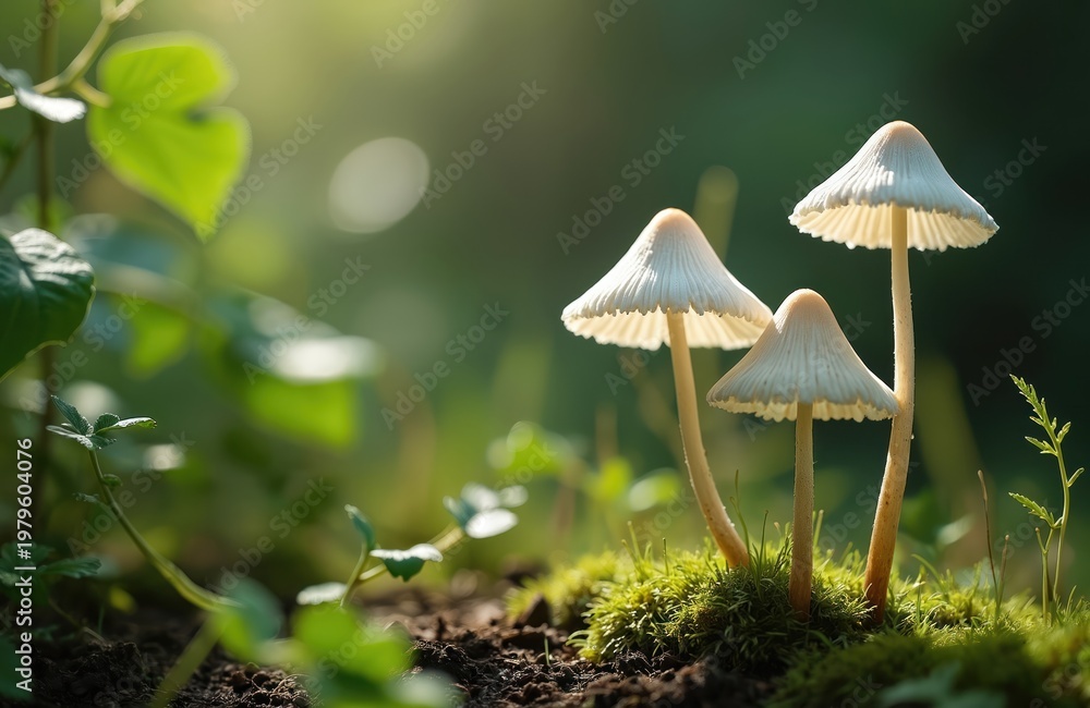 Fototapeta premium Delicate white mushrooms grow on mossy forest floor with green leaves in background. Soft light shines on small fungi stems and caps. Nature detail macro view.