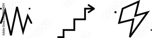 Hand-drawn set of minimalist black symbols including staircase arrow jagged wave and sharp lightning illustration