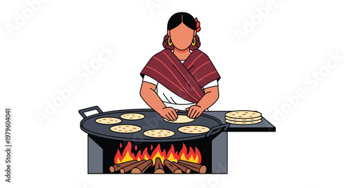 Woman cooking traditional tortillas on a hot iron griddle fire isolated on white background