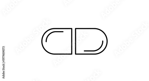 Simple line art illustration of a capsule divided into two halves on a white background.