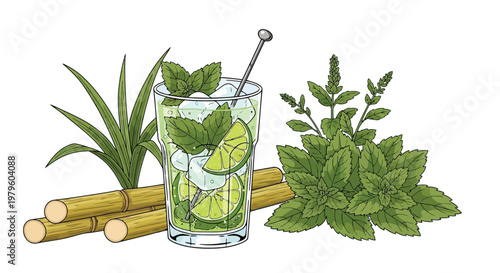 Refreshing mojito cocktail drink with mint and sugarcane stalks isolated on white background