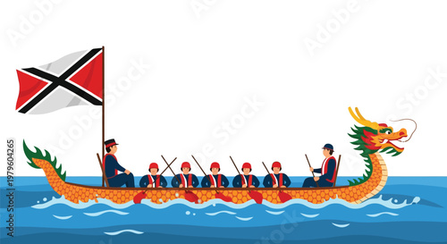 Dragon boat rowing team competing in a race with vibrant flag waving isolated on white background