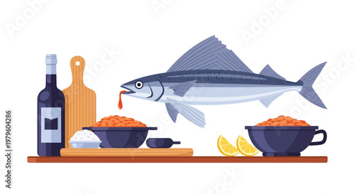 Fresh blue marlin fish served with side dishes and red wine bottle isolated on white background