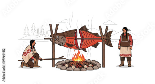 Indigenous people cooking large salmon over a traditional open fire isolated on white background