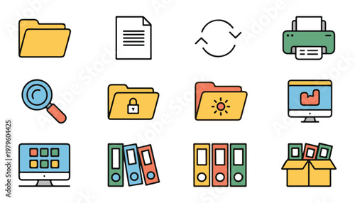 Business file management icons set featuring colorful folders document paper search magnifying glass and printer.