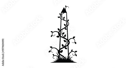 Obelisk stands tall in a garden while covered in beautiful climbing green vines.