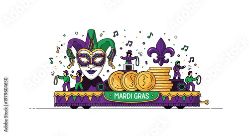 Mardi Gras parade float with mask and gold coins vector illustration isolated on white background