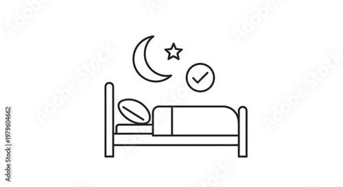 Person sleeping in bed, night, moon, star, checkmark icon, rest, sleep well