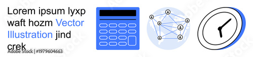 Technology, business, connectivity, analytics, education, and time management. Blue calculator, network diagram and clock icon. Technology and business concepts