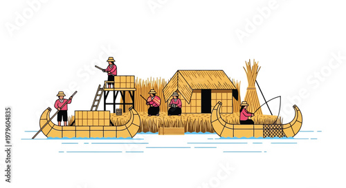 Indigenous people fishing and living on floating reed island homes isolated on white background