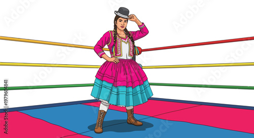 Bolivian female luchadora wrestler in colorful outfit standing tall isolated on white background