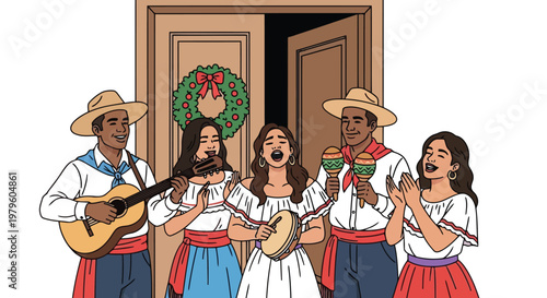 Latin American group singing and playing music at front door isolated on white background