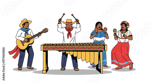 Traditional Latin American musical ensemble playing marimba and guitar isolated on white background