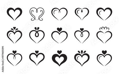 Set of twenty vector heart icons, hand drawn heart symbols with different styles on transparent background.
