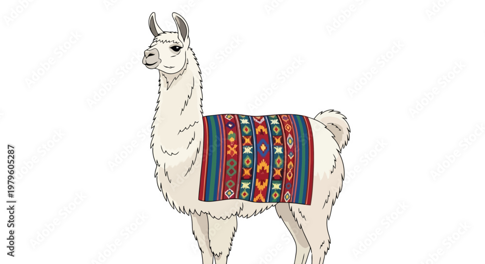 Fototapeta premium Standing fluffy llama with colorful decorative Andean style blanket isolated on white background