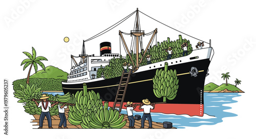 Banana harvest workers loading cargo ship at tropical plantation dock isolated on white background