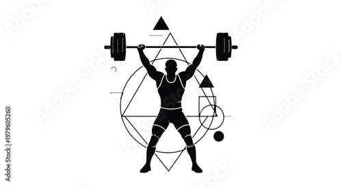 Weightlifter silhouette performs a heavy lift within a geometric abstract frame.