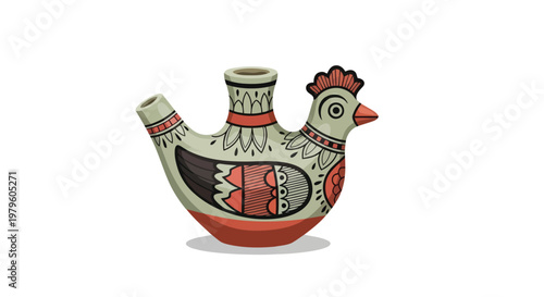Traditional ceramic bird whistle with indigenous patterns on white isolated on white background