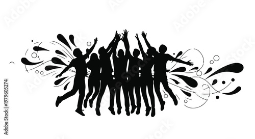 People silhouettes jump together in a joyful celebration of unity and success.