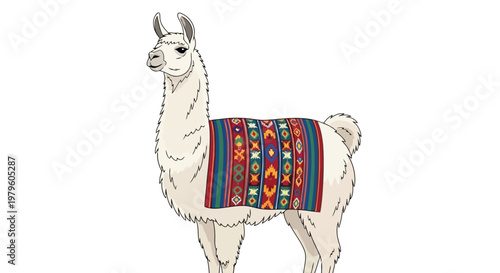 Standing fluffy llama with colorful decorative Andean style blanket isolated on white background