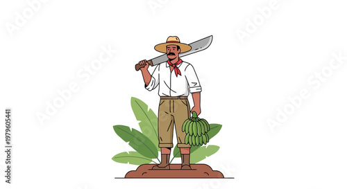 Banana plantation worker holding machete and bunch of fresh bananas isolated on white background