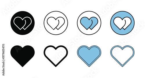 Set of eight heart icons two overlapping hearts in circles and simple hearts solid outlined black and blue.