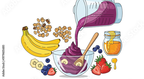 Pouring healthy berry smoothie into glass bowl with fresh fruit garnish isolated on white background