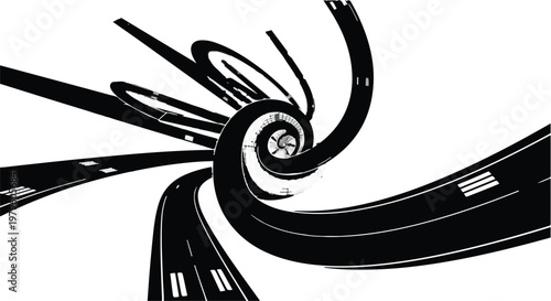Roads spiraling into a central point illustrate the complexity of modern travel routes.