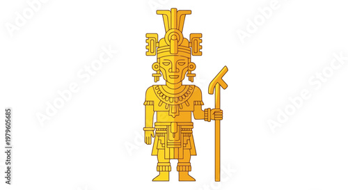 Golden inca emperor statue holding ornate ceremonial staff of power isolated on white background
