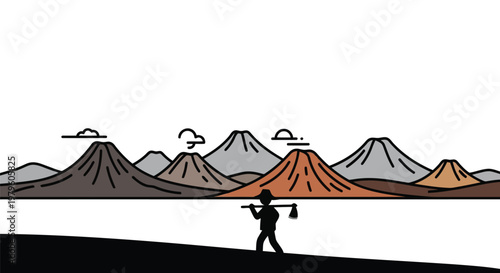 Farmer walking with hoe in front of volcanic mountain range illustration isolated on white background