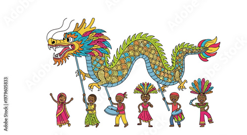 Diverse group of children performing traditional dragon dance illustration isolated on white background