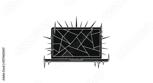 Laptop screen displays a fractured glass effect indicating a severe system failure.