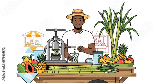 Vendor preparing fresh sugarcane juice at tropical fruit stall vector isolated on white background