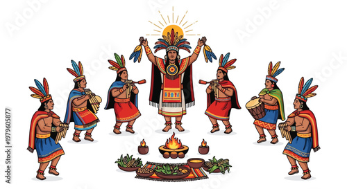 Indigenous group performing traditional ritual dance with fire vector isolated on white background