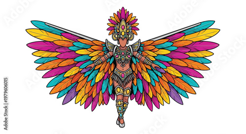 Dancer in vibrant carnival costume with large feathered wings spread isolated on white background