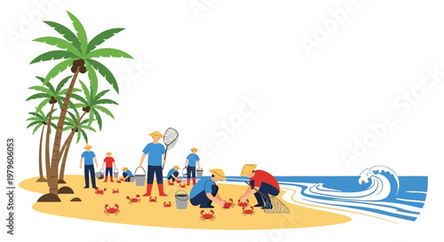 Group of fishermen catching crabs on tropical beach with palm trees isolated on white background
